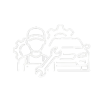 Mechanic with a wrench working on a car in a repair shop surface with gears in the background, indicating auto repair services.