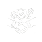 Handshake between two people with a shield and gears, symbolizing secure partnership and collaboration.