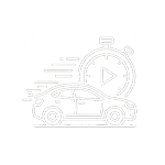 Line drawing of a speeding car with a play button on its hood, indicating a car video or video playback